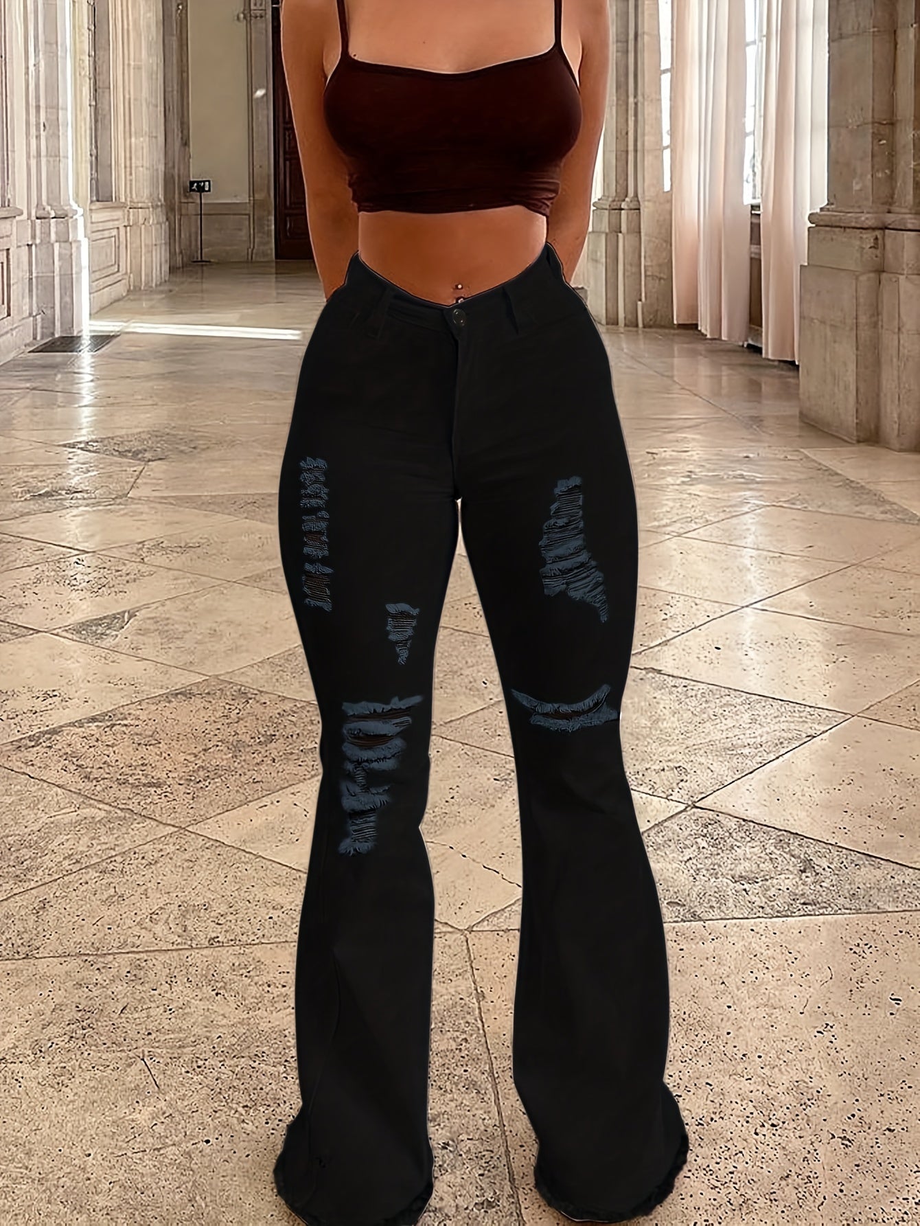 Sexy fashion women's ripped hip lift jeans flared pants